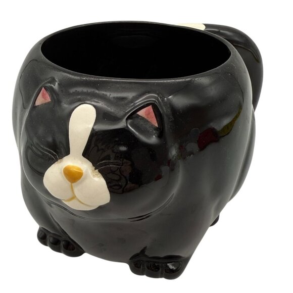 Takahashi Japan 3D Black Tuxedo Cat Coffee Cup Ceramic Tail Handle Paws Base - Picture 2 of 12